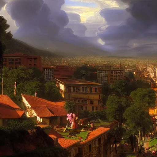 Prompt: bogota, colombia, painted by thomas cole, with dramatic lighting, concept art, matte painting, 8 k, highly detailed, artstation