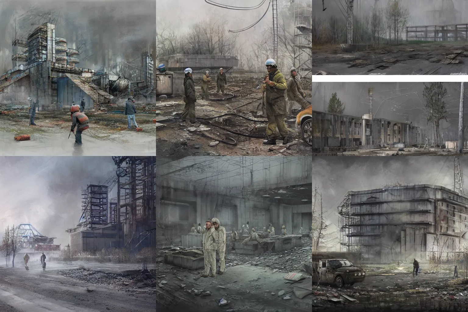 Prompt: liquidators in chernobyl, concept art by feng zhu, highly detailed, ultra detailed, ultra realistic, trending on artstation