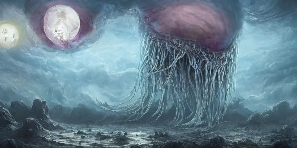 Image similar to concept art of giant translucent jellyfishes, lovecraftian, lots of teeth, melting horror, round moon, rich clouds, fighting the horrors of the unknown, high resolution, very detailed, roaring, volumetric light, mist, grim, fine art, decaying, textured oil over canvas, epic fantasy art, very colorful, ornate, anato finnstark