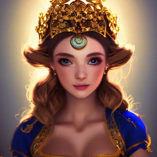 Image similar to a photographic portrait of an fantasy 30 years old princess with a deep blue sapphire and gold diadem, warmer colours, more tan face, light brown hair, cinematic light, by Zhang Jigna, canon 50mm, artstation