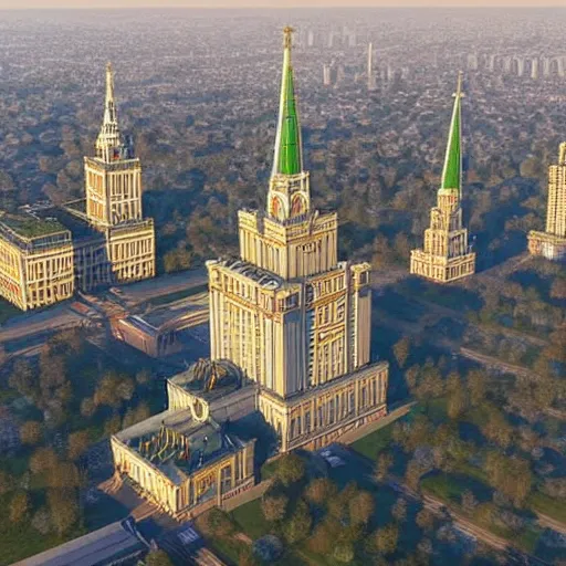 Image similar to moscow state university main building, aerial photography, 4 k, highly detailed art by greg rutkowski, trending on art station, unreal engine