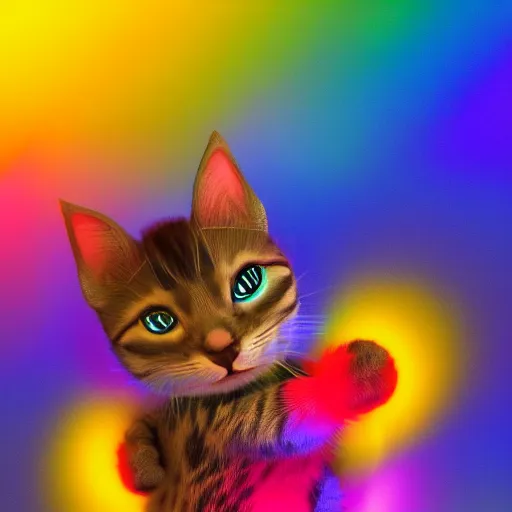 Prompt: baby cat playing with a wool, red, yellow, blue, volumetric lighting, digital art, vibrant, intricate details, 4 k, behance, award winning