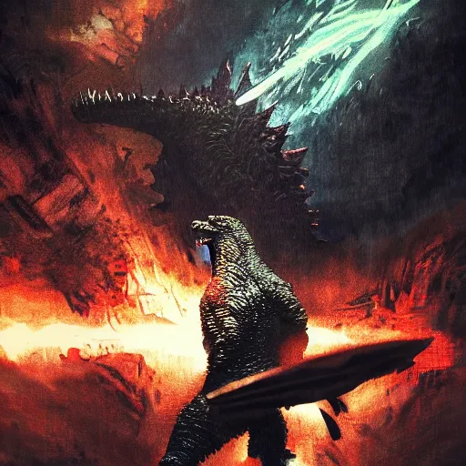 Image similar to godzilla eating pizza in a torture chamber, dramatic lighting, illustration by greg rutkowski, yoji shinkawa, 4 k, digital art, concept art, trending on artstation