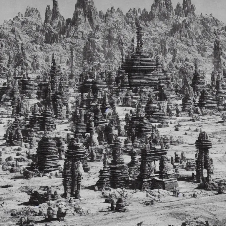 Image similar to old vintage photo of surreal spiky alien temple on exoplanet