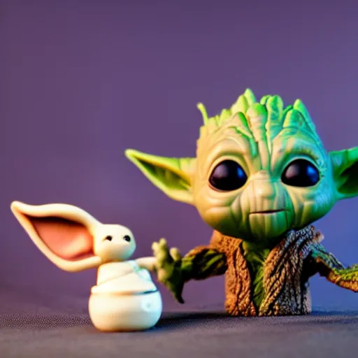 Prompt: a baby groot funko pop next to a baby yoda funko pop, photo studio, professional photo, professional lighting, artstation trend, hdr