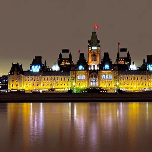 Prompt: Canadian Parliament building in Ottawa if it was cyberpunk, photorealistic