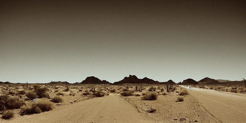 Prompt: “Desert highway in the style of Marcelino Truong, signs, capitalism, low horizon, industry, cactus, mountain”