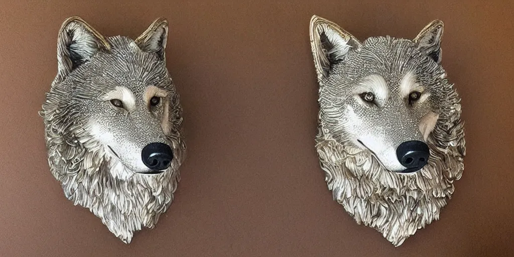 Image similar to gorgeous wolf statue portrait with gold filigree