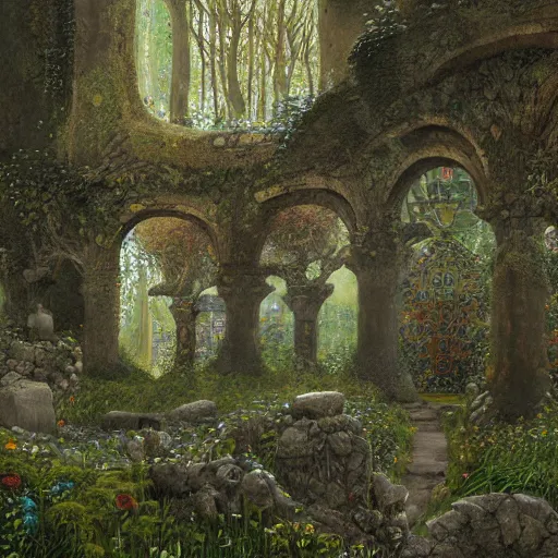 Image similar to ancient overgrown ruins, medieval gates, runestones, mysetrious etherial mesmerizing runic!! cat eyes!!!!, magical elven geometry, concept art by gustav klimt!, deviantart contest winner, environmental art, high detail