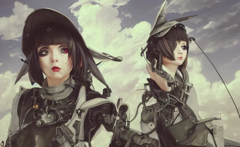 Prompt: mechanized witch girl, anime style, airforce gear, vintage clothing, combat ready, short hair, hair down, symmetrical facial features, from arknights, hyper realistic, 4 k, rule of thirds, extreme detail, detailed drawing, trending artstation, hd, d & d, realistic lighting, by alphonse mucha, greg rutkowski