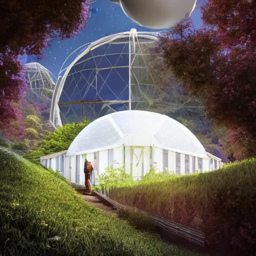 Prompt: vertical farms and white sci - fi dome in a steep sided valley with trees, a sense of hope and optimism, hyper realistic, high res, 4 k, warm light, edouard groult, bynde, kirill leonov