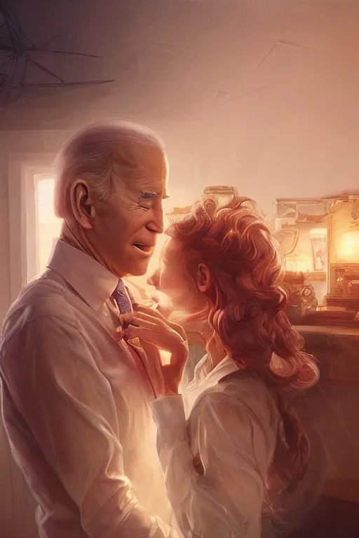 Image similar to beautiful portrait of Joe Biden sniffing young maiden's hair, Cinematic lighting, ultra realistic 3D, beautifully lit, ray traced, octane render by Peter Mohrbacher and Peter Gric