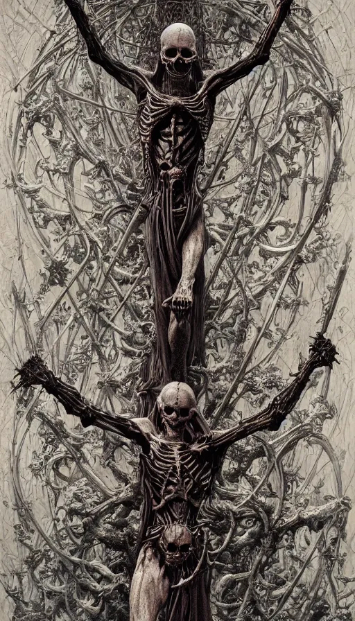 Image similar to Scorn themed painting of skeletal undead crucifixion concept, intricate artwork by H.R. Giger, Johnatan Wayshak, Zdizslaw Beksinski, Ayami Kojima, Amano, Karol Bak, Moebius, and Mark Brooks, Neo-Gothic, gothic, rich deep colors, art by Takato Yamamoto, masterpiece, face by Artgerm, very coherent artwork, cinematic, hyper realism, high detail, octane render, unreal engine, 8k, High contrast, golden ratio, trending on cgsociety