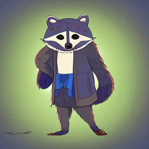 Image similar to anthropomorphic racoon, chibby, male, blue jacket in the style of studio ghibli