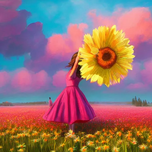 Prompt: holding giant daisy flower as head, full body girl standing in a flower field, surreal photography, sunrise, dramatic light, impressionist painting, colorful clouds, digital painting, artstation, simon stalenhag