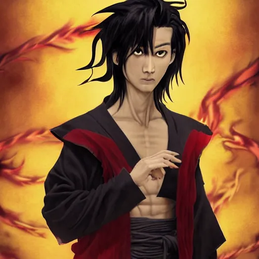 Image similar to demon martial artist, handsome japanese demon boy, young adult yokai with long spiky black hair, vampire, vantablack gi, simple clothes, red eyes, ultra realistic, intricate details, highly detailed, subsurface scattering, photorealistic, octane render, 8 k, art by artgerm, greg rutkowski, magali villeneuve, alphonse mucha