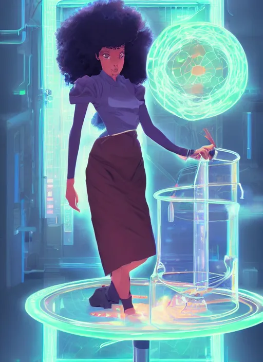 Image similar to afro - futurist scientist in a lab studying holographic schematics + medium length shot | hyperrealistic digital painting by makoto shinkai, ilya kuvshinov, lois van baarle, rossdraws | afrofuturism, in the style of hearthstone, trending on artstation | blue palette