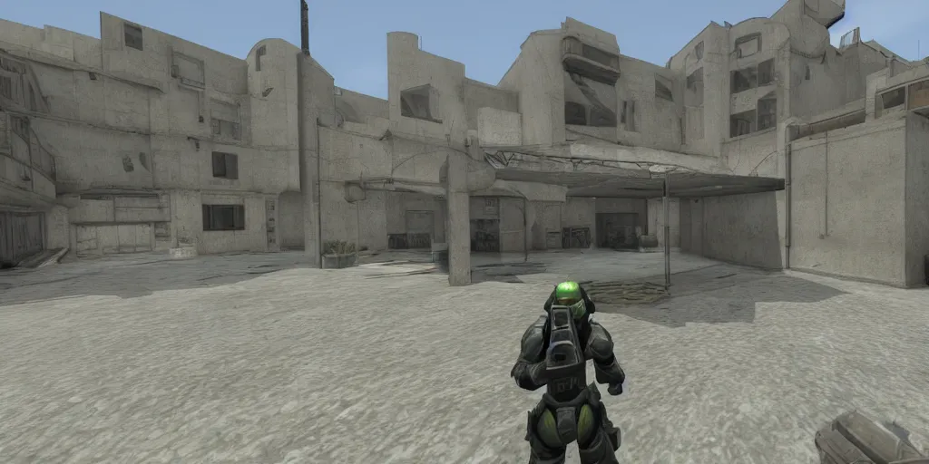 Prompt: master chief in counter strike dust 2 map