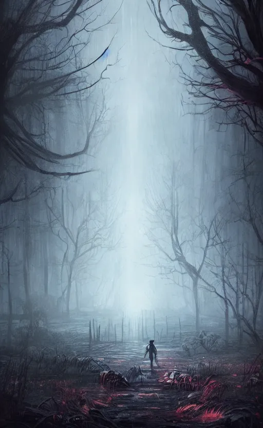 Image similar to dark fantasy concept art of a stranger things inspired landscape, spooky and creepy, with an eery vibe, dynamic lighting, photorealistic, hyper realistic, ultra detailed, ambient lighting, atmospherical, stunning visuals, creative, trending on art station, stunning visuals