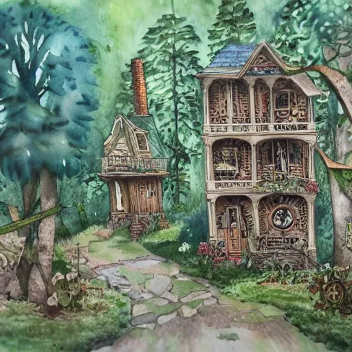 Prompt: A watercolor painting of a steampunk house in a forest by Margaret Brundage, detailed, 4k, intricate.