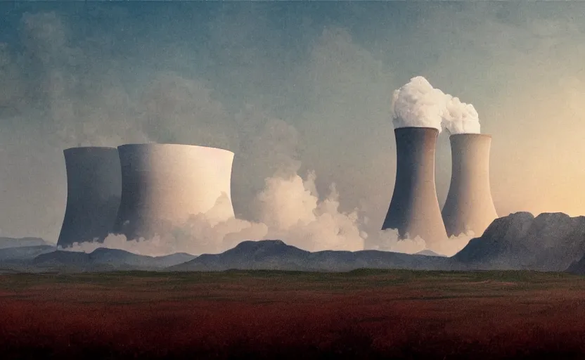 Prompt: nuclear powerplant in a field, close up shot, smoke billowing out, rocky, at dusk, distant mountains, 4k, rule of thirds, extreme detail, hazy, intricate ink illustration, surreal, surrealist, trending on artstation, cgsociety, hd, calm, complimentary colours, realistic lighting, by Albert Bierstadt, Frederic Edwin Church.