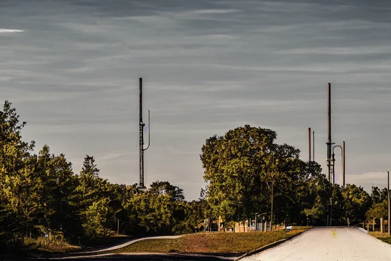 Prompt: a centered road next to warehouses, and a tree hill background with a radio tower on top, 3 0 0 mm telephoto lens