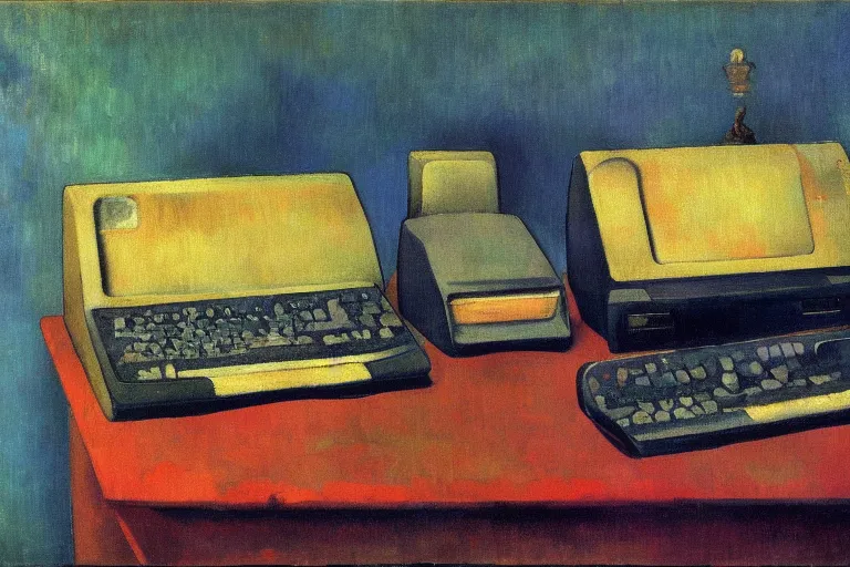 Image similar to still life painting of vintage computers by Paul Gauguin, oil on canvas, strong lighting, highly detailed, hyper realism, HD, 4K