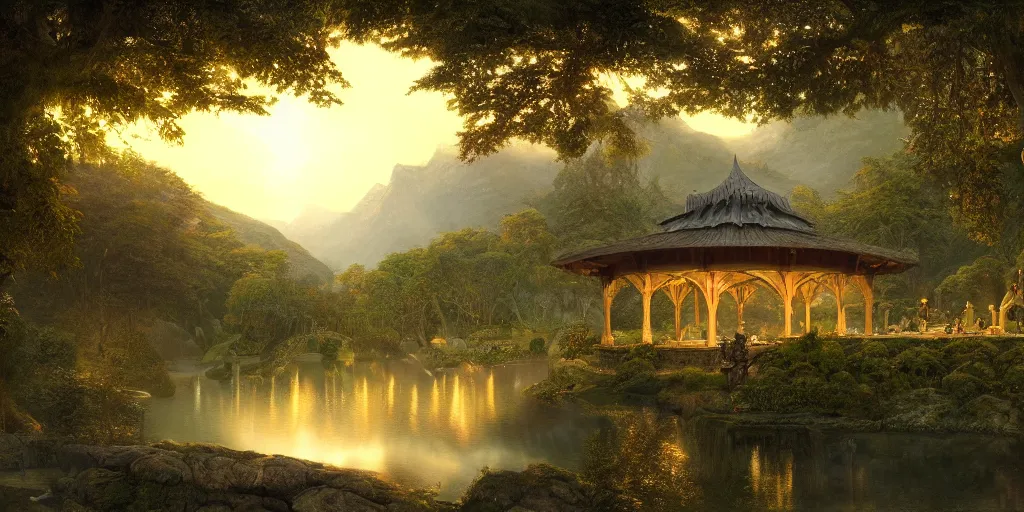 Image similar to The Pavilion in Rivendell, evening, detailed matte painting, cinematic, Alan Lee, Artstation