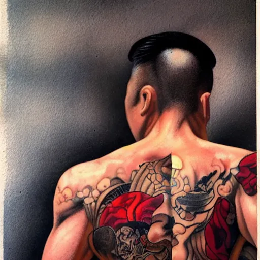 silhouette of a heavily tattooed Yakuza warrior