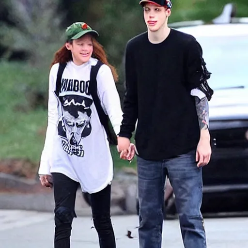 Image similar to paparazzi footage of pete davidson holding hands with the babadook