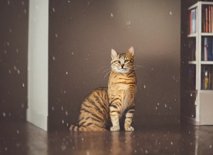 Image similar to photography of a Cat sitting on a box. in a room full of posters, photorealistic, raining award winning photo, 100mm, sharp, high res