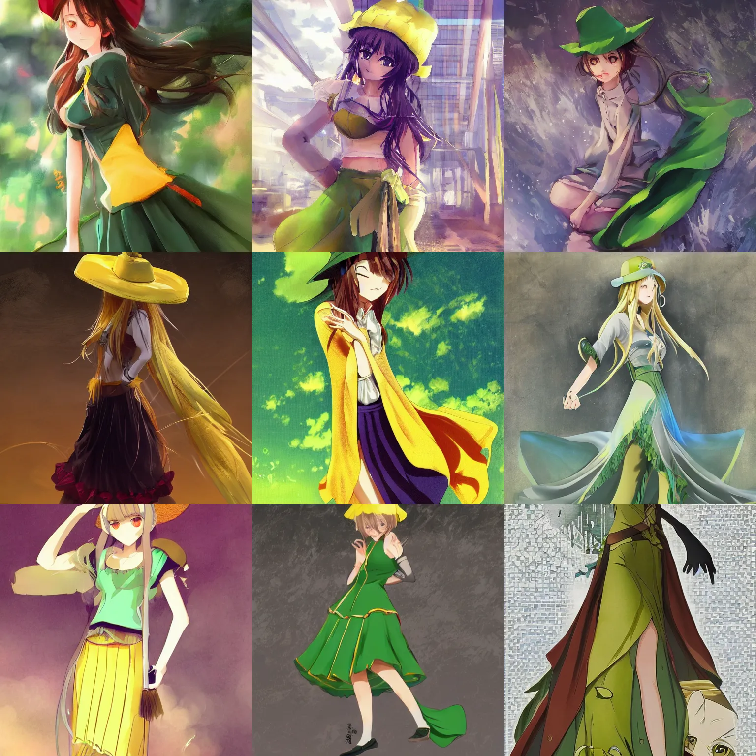 Prompt: beautiful anime girl wearing a long green skirt and a yellow hat, high quality anime art, trending on artstation