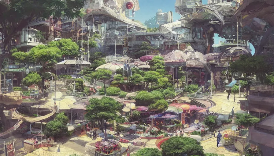 Prompt: “ craig mullins and studio ghibli illustration of 1 9 8 0 s shopping mall, lush landscape, 1 9 8 0 s pop culture landscape, big fountains, unreal engine, hyper realism, realistic shading, cinematic composition, realistic render, octane render, detailed textures, photorealistic, wide shot ”