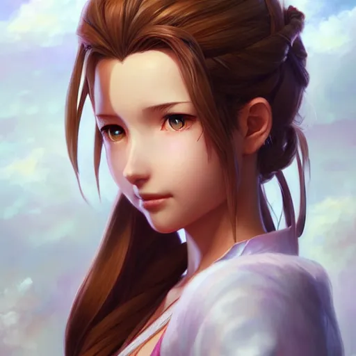Prompt: portrait of aerith from final fantasy by Stanley Artgerm Lau, WLOP, Rossdraws, James Jean, Andrei Riabovitchev, Marc Simonetti, and Sakimichan, trending on artstation