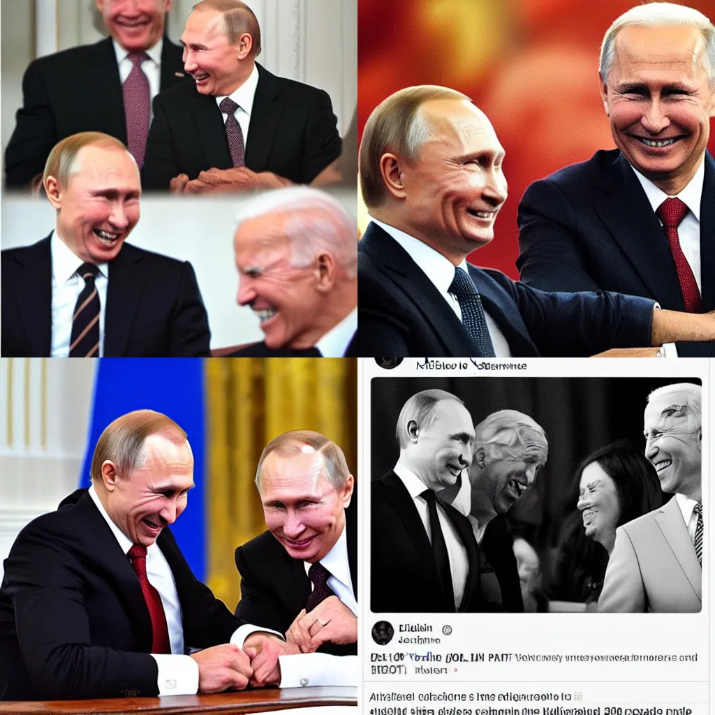 Prompt: “ highly detailed photo of vladimir putin laughing at joe biden, award winning ”