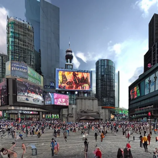 Image similar to 3D Digital matte painting of Yonge-Dundas Square in Toronto, Canada; with eldritch creatures, gnostic designs, arcane imagery, and esoteric aesthetics.