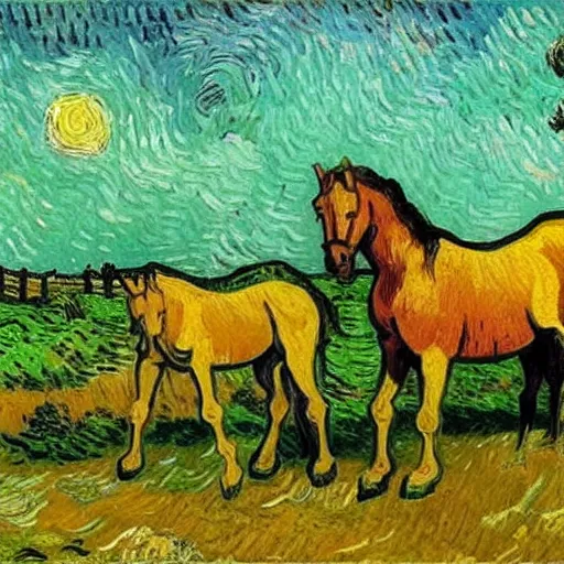 Image similar to horses standing in a field in the moonlight, award winning painting by Vincent van gogh, highly detailed, masterpiece