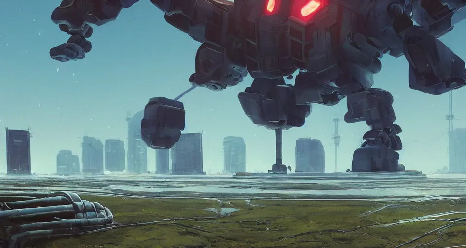 Image similar to Landscape with GIANT mechatronics megastructure looming in the distance fighting each other, inspired by gundam, cinematic, rendered by simon stålenhag, rendered by Beeple, Makoto Shinkai, syd meade, environment concept, digital art, unreal engine, 3 point perspective, WLOP, trending on artstation, low level, 4K UHD image, octane render,