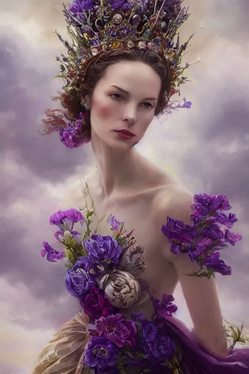 Image similar to closeup portrait fine art photo of the beauty catriona balfe, she has a crown of stunning flowers and dress of purple satin and gemstones, background full of stormy clouds, by peter mohrbacher