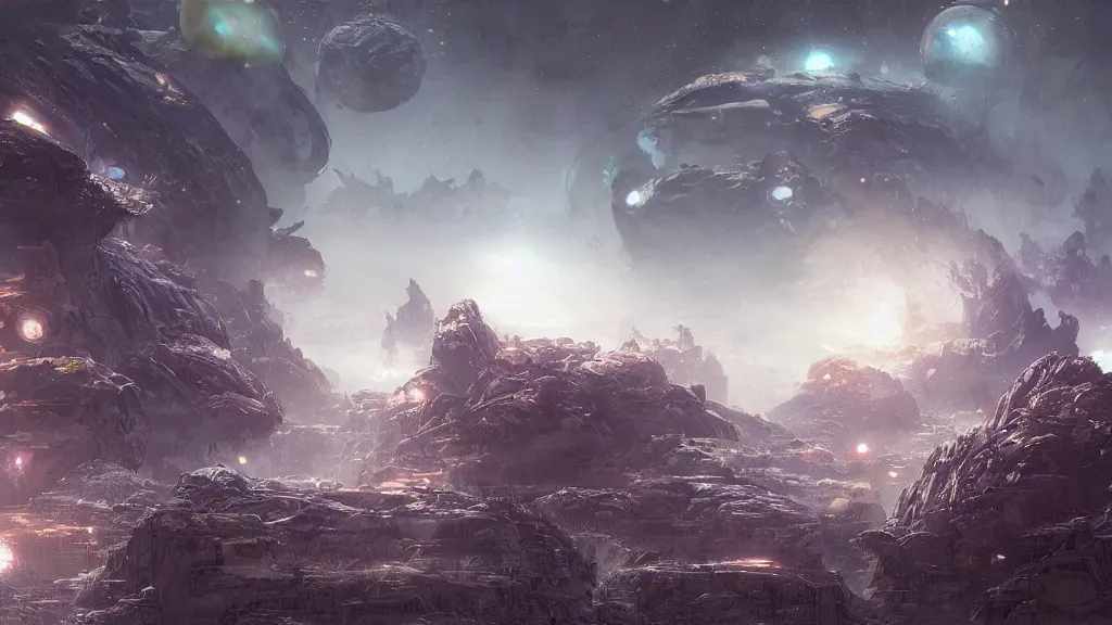 Prompt: strange atmospheric alien planet empire by yoann lossel and stephan martiniere, cinematic matte painting