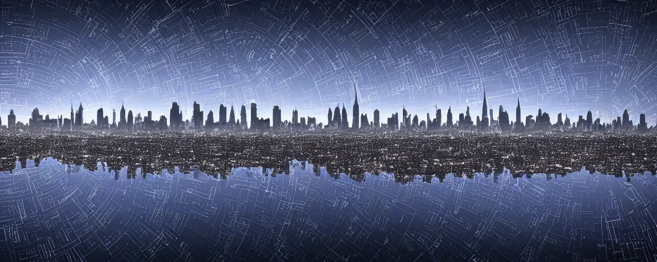 Prompt: digital art graphic of clusters and constellations of data in the outline of the New York City skyline. texture and pattern of an audio waveform. 4k unreal engine.