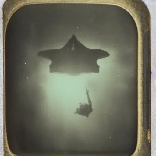 Image similar to tintype photo, swimming deep underwater, alien ship