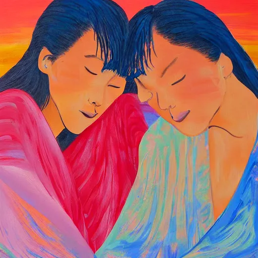 Prompt: portrait of beautiful asian girls sleeping in the wind on the beach durring sunset in wet kimonos, acrylic abstract paint