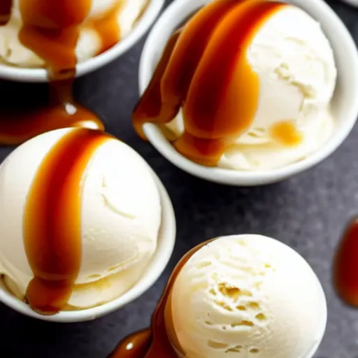 Image similar to closeup of a bowl with three balls of plain vanilla ice cream. with small amounts of caramel sauce on top. Simplistic. Food photography.