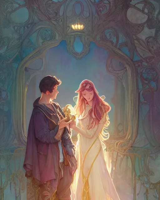 Image similar to secret romance, highly detailed, gold filigree, romantic storybook fantasy, soft cinematic lighting, award, disney concept art watercolor illustration by mandy jurgens and alphonse mucha and alena aenami, pastel color palette, featured on artstation