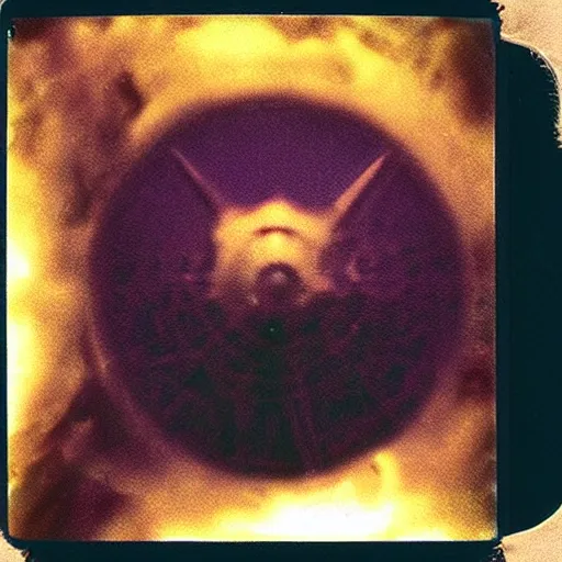 Image similar to lovecraftian alien ship seen from perspective of airplane window, real Polaroid photograph