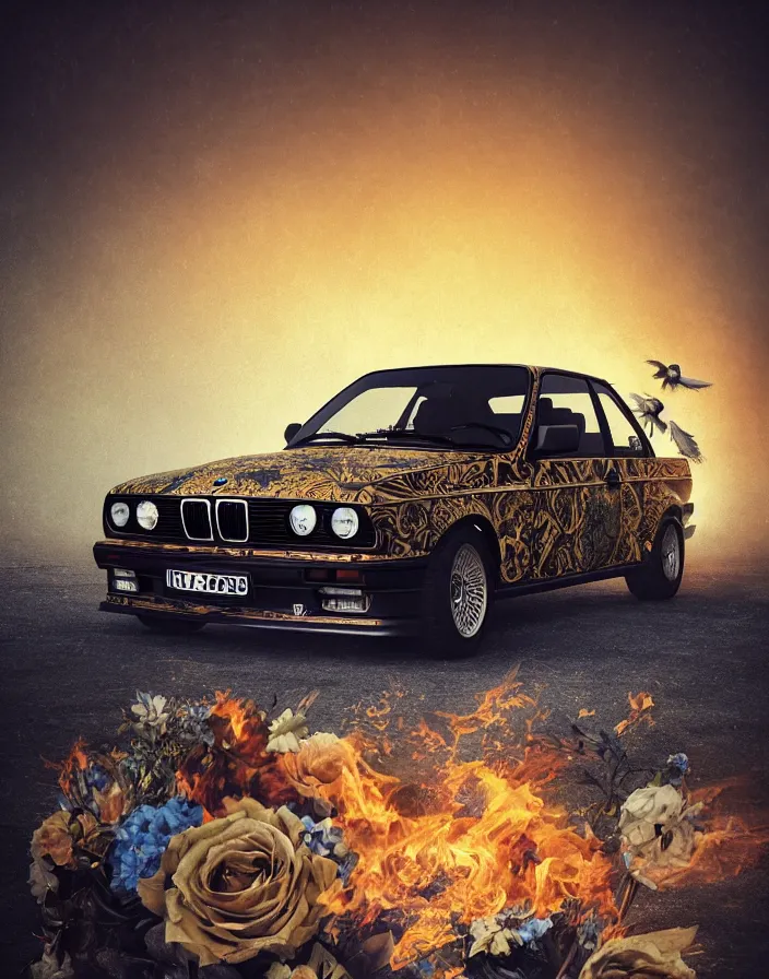 Prompt: bmw e30, birds, skulls, flowers, amd fire. baroque elements. intricate artwork by artstation. halo. octane render, cinematic, hyper realism, octane render, 8k, depth of field, bokeh. iridescent accents. Dark and foggy. Blue and gold colour scheme