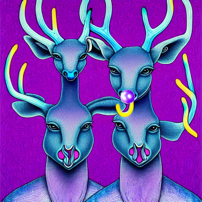 Image similar to an anthropomorphic male blue deer wearing a violet tracksuit blowing a bubble, by alex grey and jackson pollock, intricate details, artstation, psychedelic, hd, beautiful