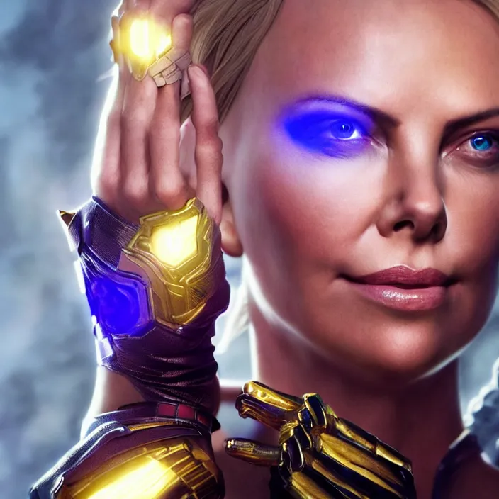 Image similar to portrait of (Charlize Theron), wearing The Infinity Gauntlet. intricate artwork. octane render, trending on artstation, very coherent symmetrical artwork. avengers. thanos. cinematic, hyper realism, high detail, octane render, 8k, iridescent accents