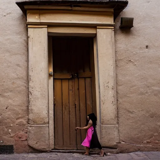 Prompt: A photograph of a Colombian woman in a peach dress, walking away from camera, down a narrow sandstone alley with rough-hewn sandstone building either side, and a varnished wooden door on the right. Ahead is a lantern, attached to the right wall. Late afternoon on a sunny day. 4K 50mm f/1.4